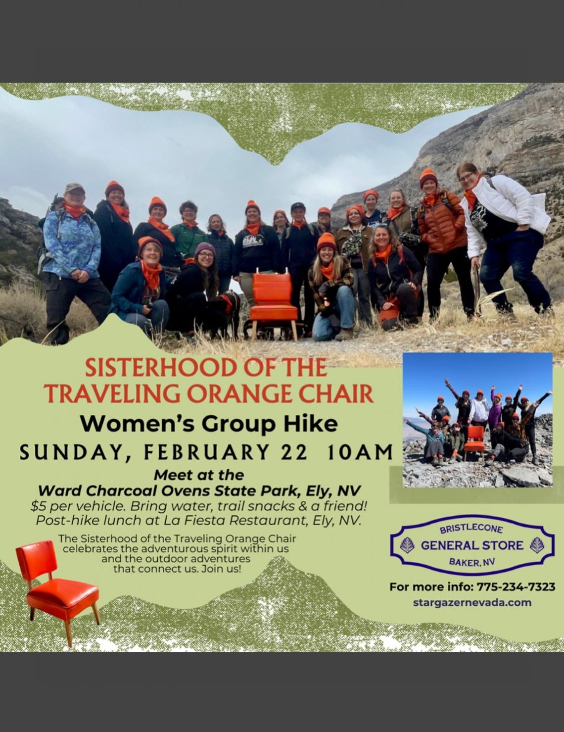 WOMEN’S GROUP HIKE with the Sisters of the Traveling Orange Chair 🧡 WOMEN’S GROUP HIKE with the Sisters of the Traveling Orange Chair 🧡